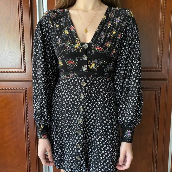 Free People Black Wonderland Mini Floral Dress xs - Picture 3 of 4